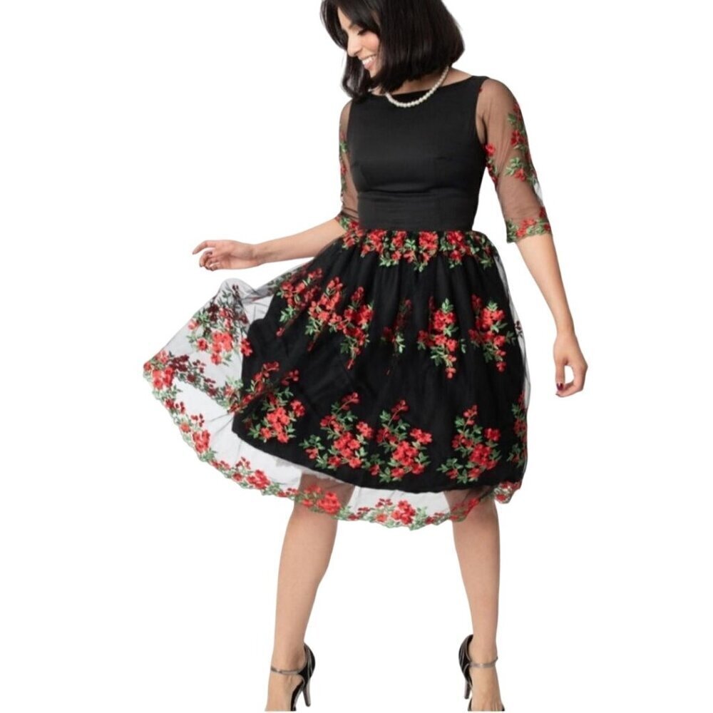 Magnolia Place Audrey Swing Dress Midi Embroidered Sheer 3/4 Sleeve Size S